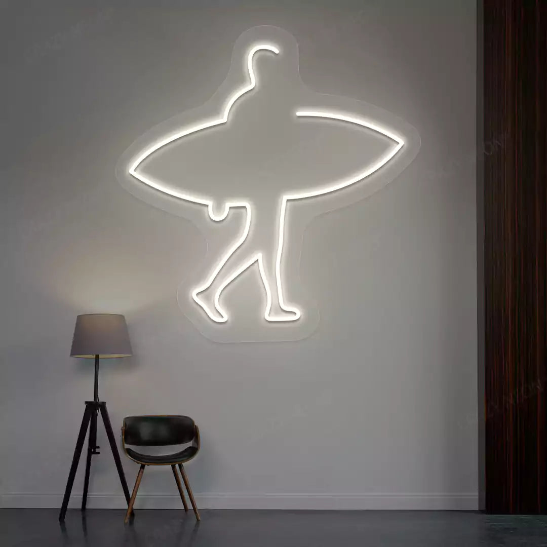 warm white man surfer neon sign mounted on a wall