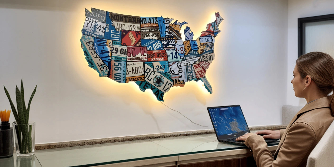 USA map metal wall art made from colorful vintage license plates with soft backlit glow above modern glass desk where woman works on laptop