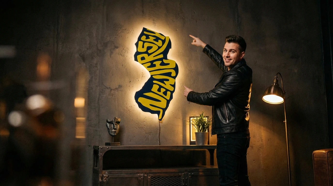 New Jersey state metal wall art sign with bold yellow lettering and warm backlit glow as man in leather jacket points at it in moody loft room