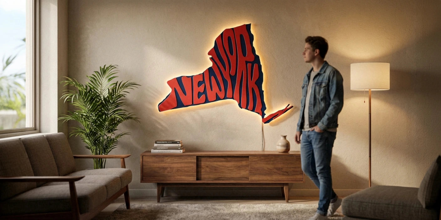 New York state metal wall art sign with bold red lettering and warm backlit glow in cozy living room where man stands nearby
