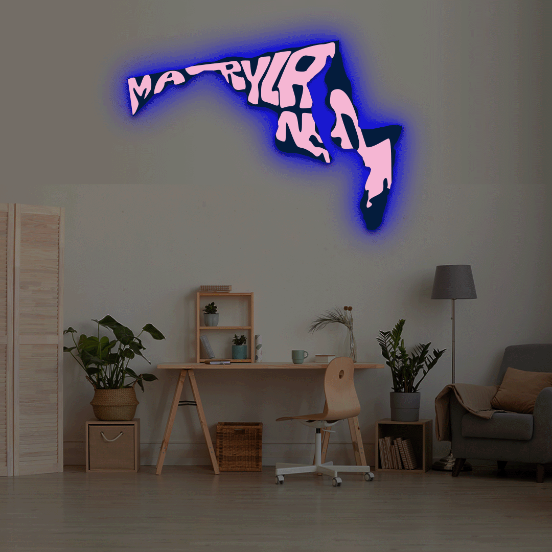 Maryland map backlit metal wall art vinyl print with RGB color changing LED backlight
