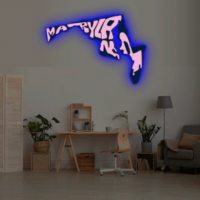 Maryland map backlit metal wall art vinyl print with RGB color changing LED backlight
