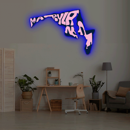 Maryland map backlit metal wall art vinyl print with RGB color changing LED backlight

