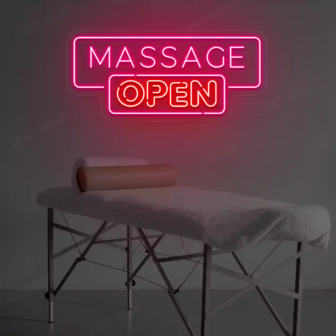 Massage Open neon sign in pink and red colors glowing in a spa room