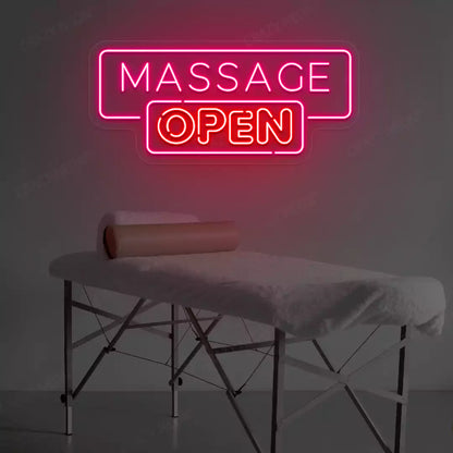 Massage Open neon sign in pink and red colors glowing in a spa room