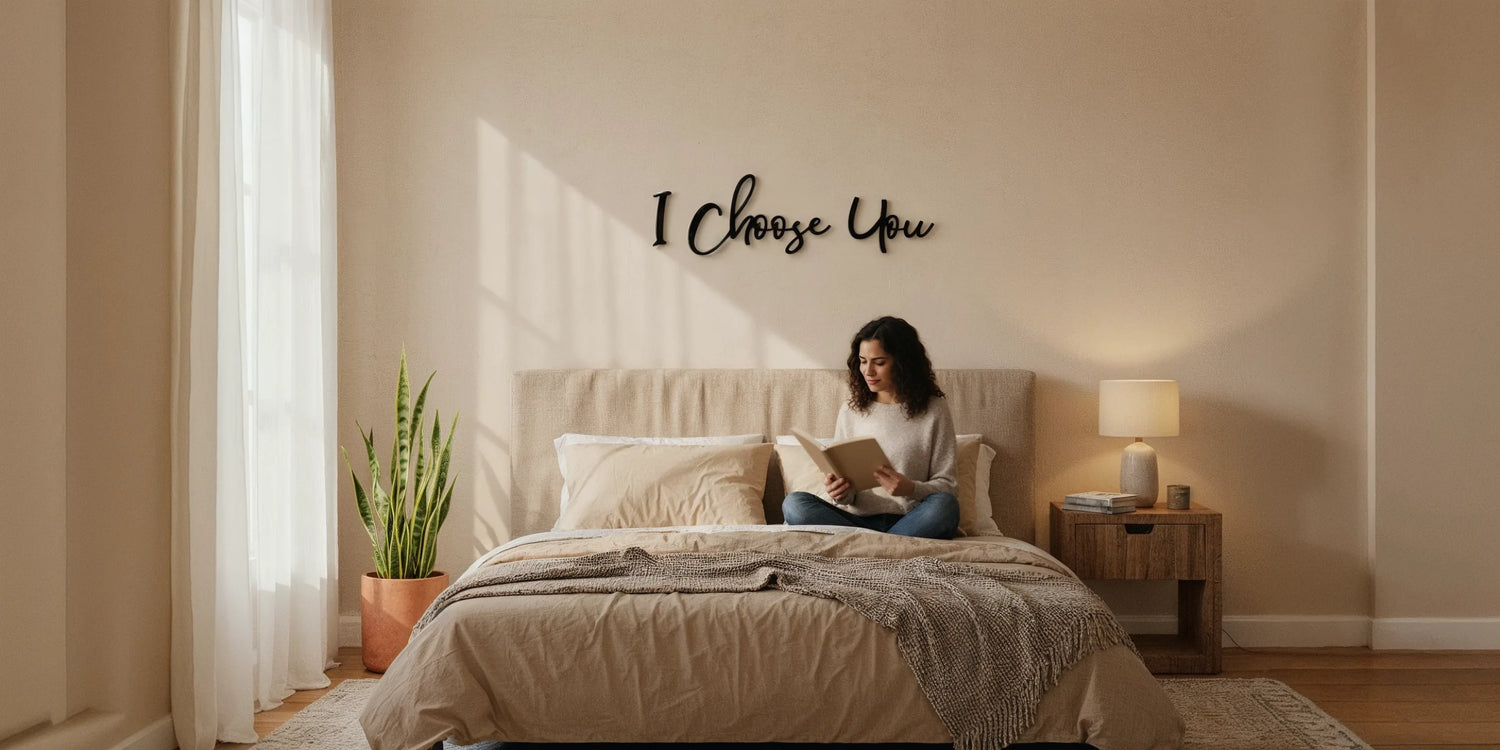 Woman reading book on beige bed in cozy bedroom with I Choose You black metal wall art in minimalist decor room