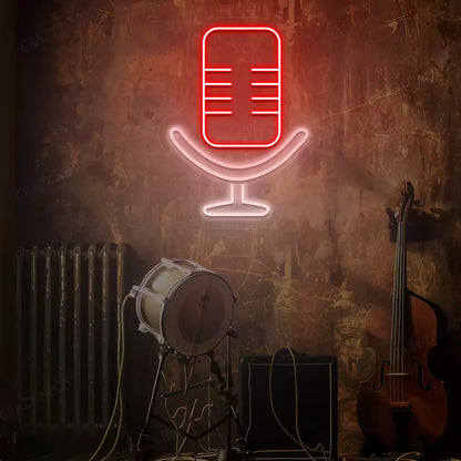 Studio Mic Neon Sign in White and Red Colour mounted on a wall 