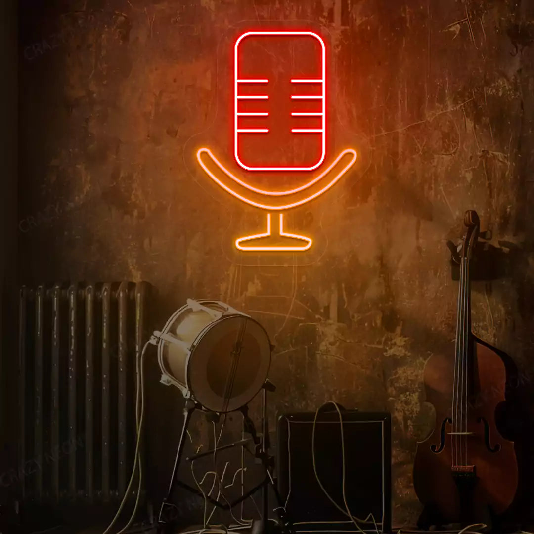 Studio Mic Neon Sign in Orange and Red Colour mounted on a wall 