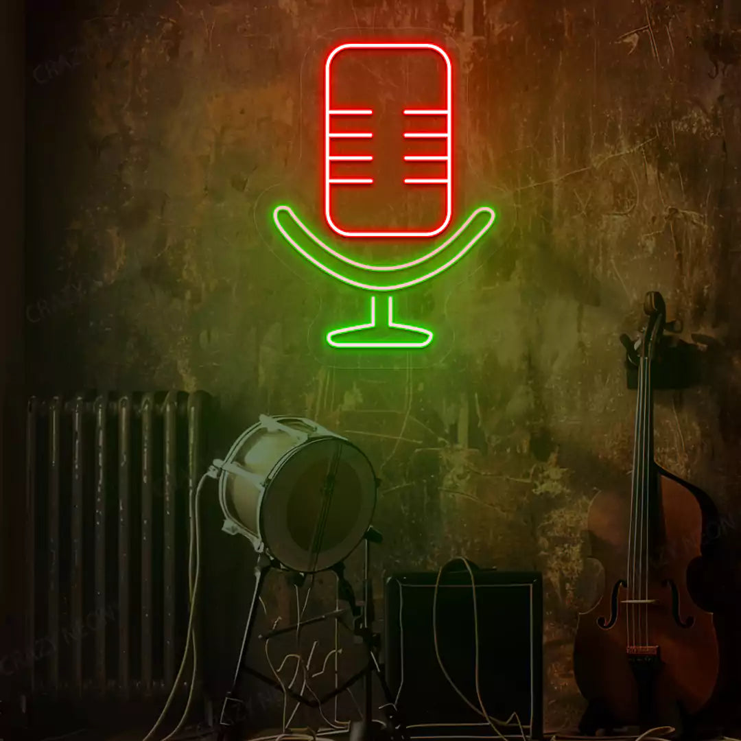 Studio Mic Neon Sign in Green and Red Colour mounted on a wall 