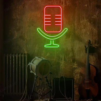 Studio Mic Neon Sign in Green and Red Colour mounted on a wall 