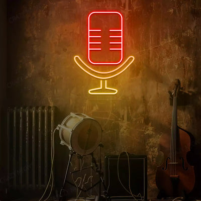 Studio Mic Neon Sign in Yellow and Red Colour mounted on a wall 