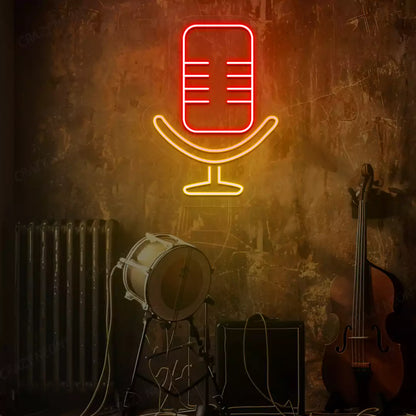 Studio Mic Neon Sign in Yellow and Red Colour mounted on a wall 