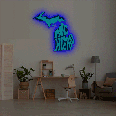 Michigan map backlit metal wall art vinyl print with RGB color changing LED backlight