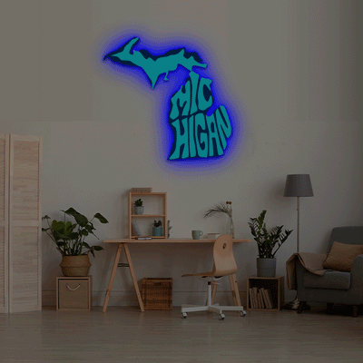 Michigan map backlit metal wall art vinyl print with RGB color changing LED backlight

