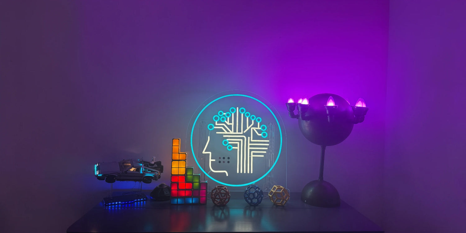 AI Head custom Neon Sign with acrylic stand on modern desk with tech decor ambient lighting and creative workspace