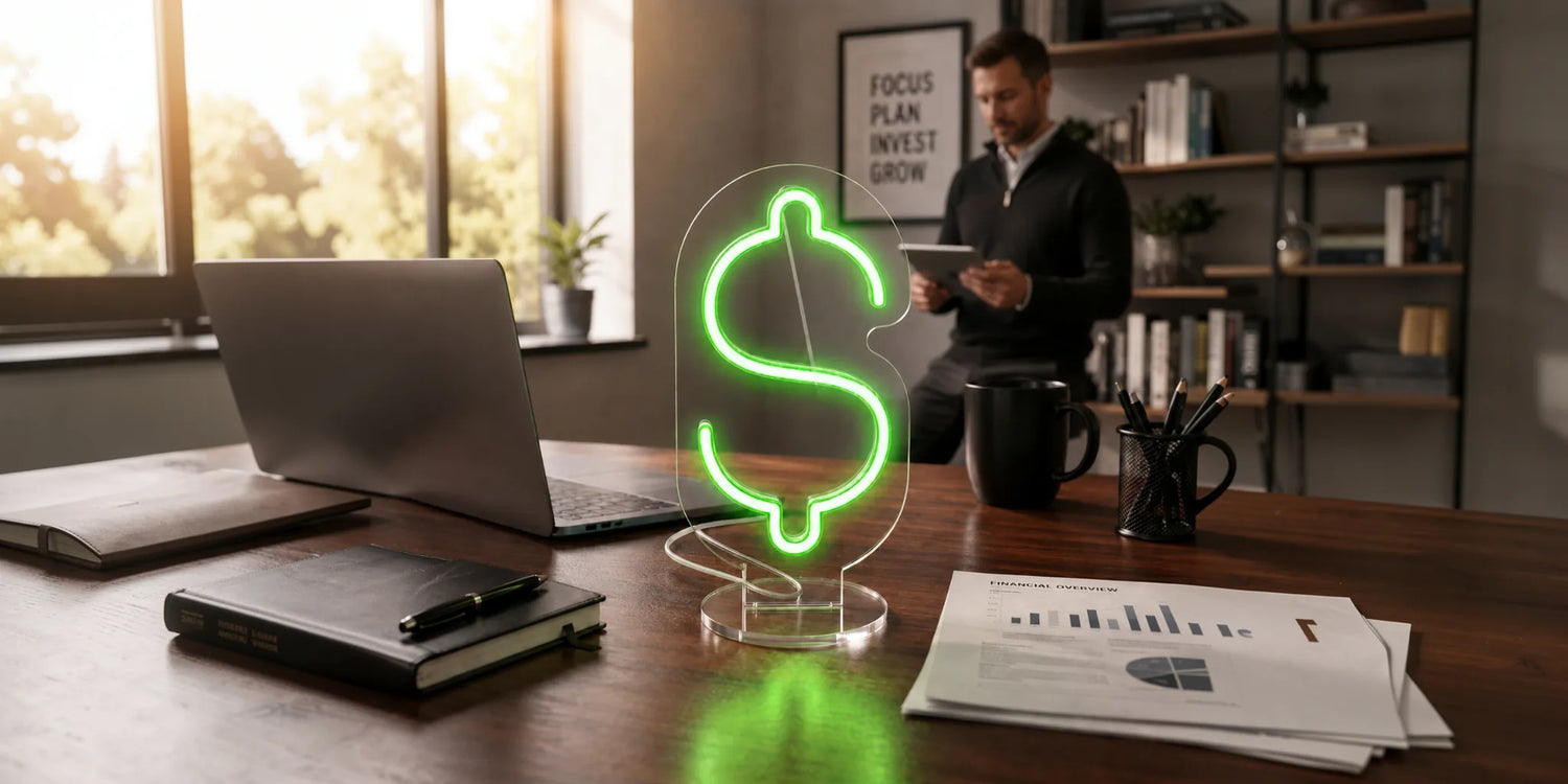Dollar Sign Mini Neon Sign on office desk with laptop workspace and modern business decor