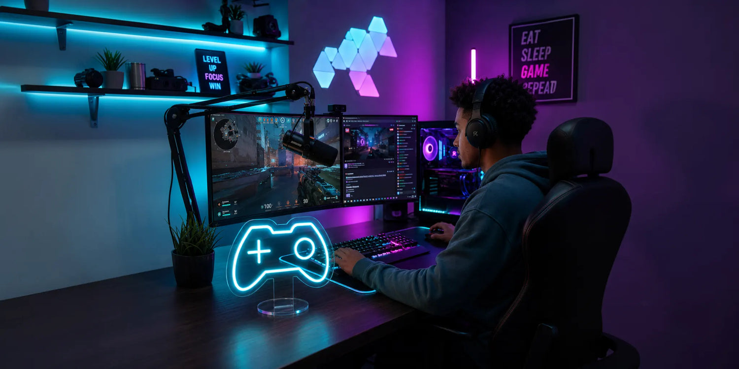 Game On Controller Mini Neon Sign on gaming desk with RGB PC setup dual monitors and streaming microphone
