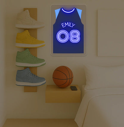 Minnesota basketball jersey neon sign with EMILY 08 in blue and light blue, bedroom sneaker rack and basketball decor
