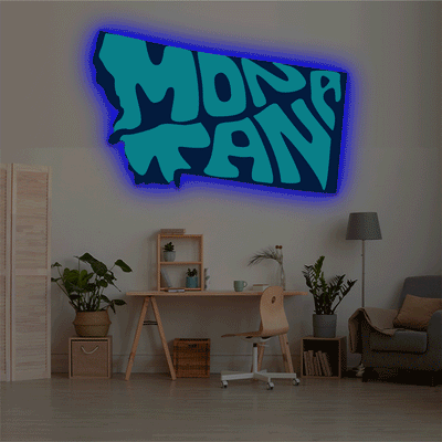 Montana map backlit metal wall art vinyl print with RGB color changing LED backlight
