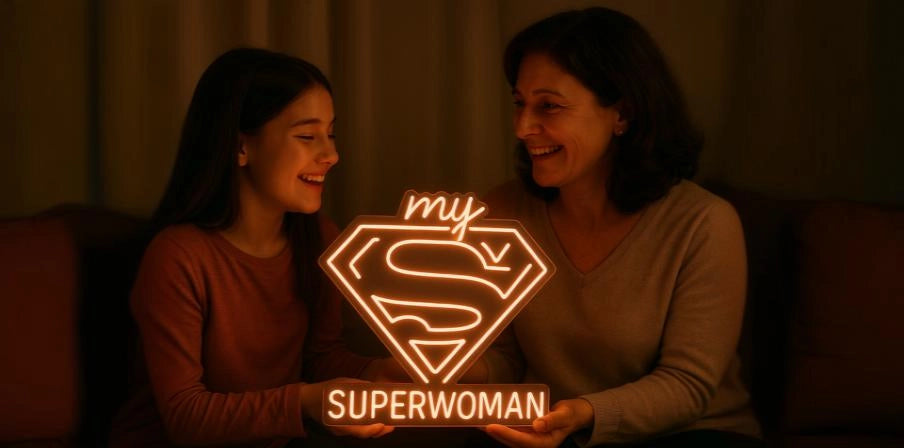 Mother and daughter holding my superwoman neon sign with superhero logo for Mother's Day