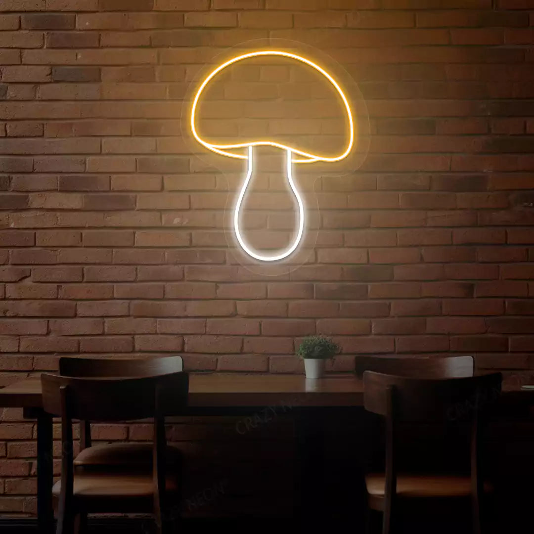 Harvest mushroom neon sign in orange and white