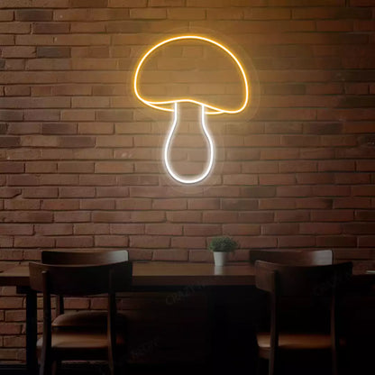 Harvest mushroom neon sign in orange and white