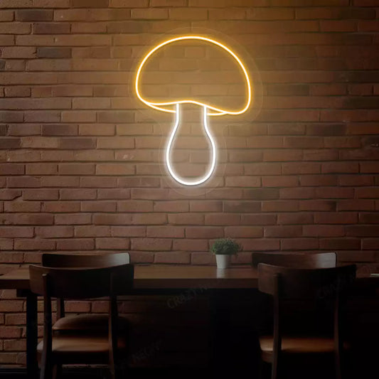 Harvest mushroom neon sign in orange and white