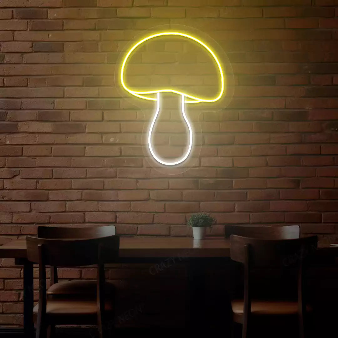 Harvest mushroom neon sign in yellow and white