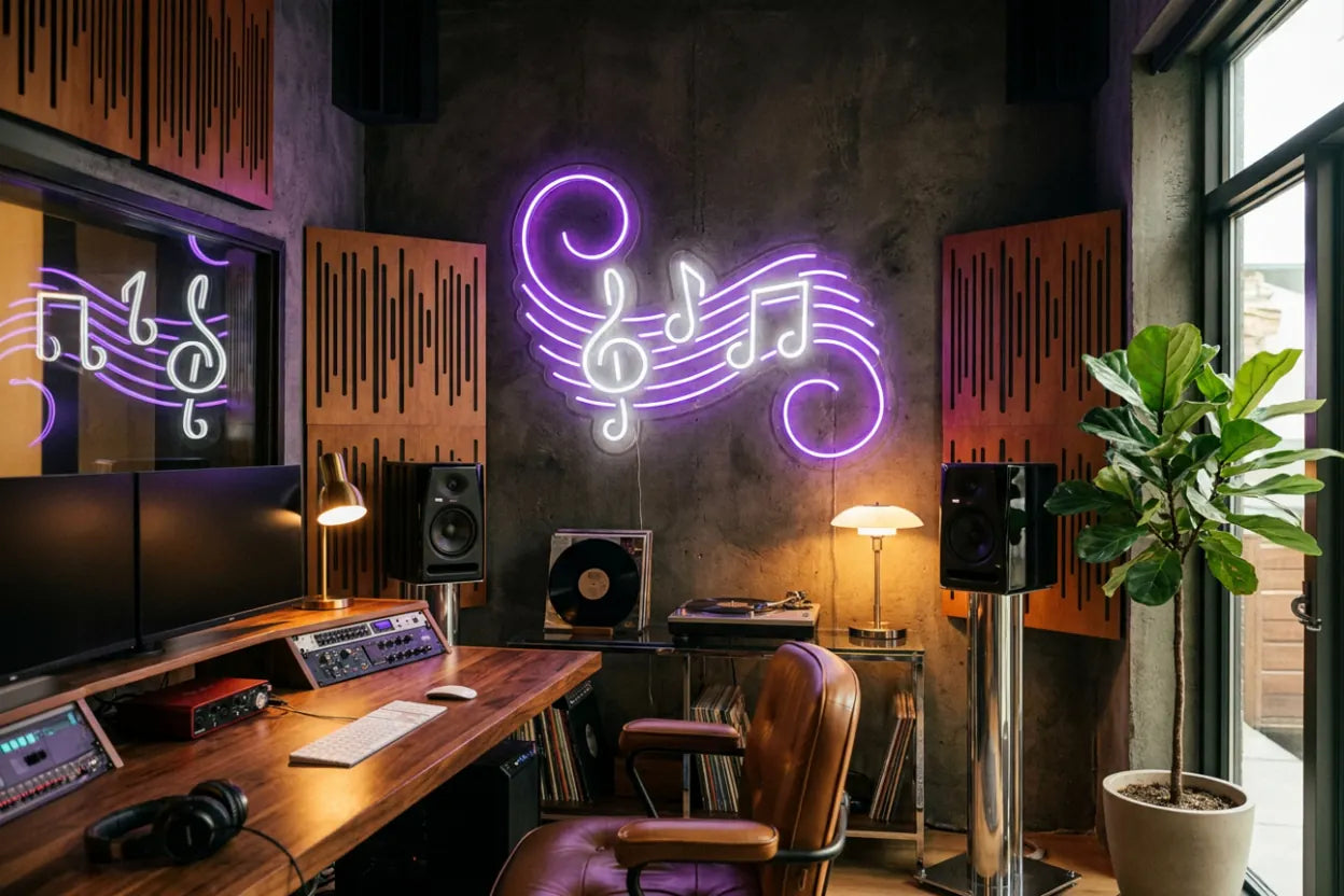 purple neon musical notes and treble clef wall art in a modern music studio with mixing desk speakers turntable plants and warm ambient lighting