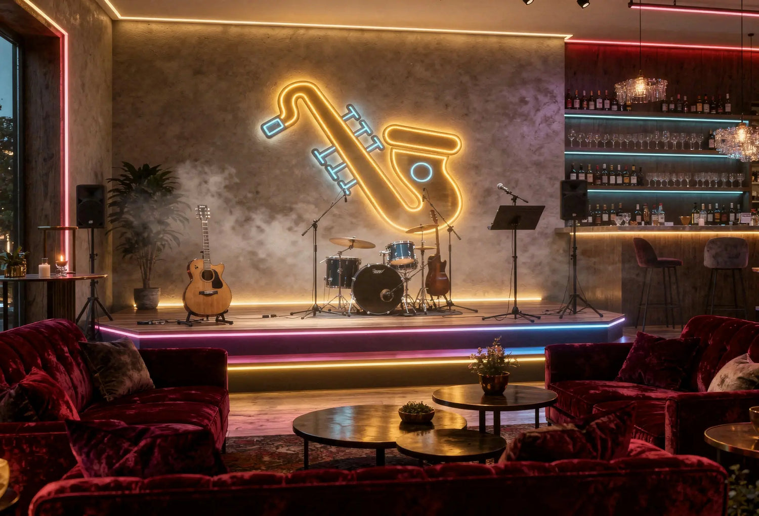 golden saxophone neon sign glowing on textured wall in stylish music lounge with drum kit guitar stage lights velvet seating and bar shelves