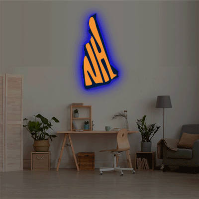 New Hampshire map backlit metal wall art vinyl print with RGB color changing LED backlight