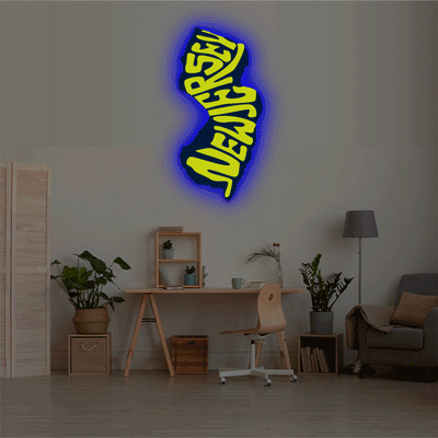 New Jersey map backlit metal wall art vinyl print with RGB color changing LED backlight