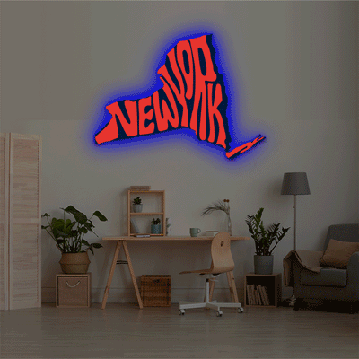 New York map backlit metal wall art vinyl print with RGB color changing LED backlight