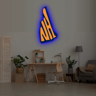 New Hampshire map backlit metal wall art vinyl print with RGB color changing LED backlight
