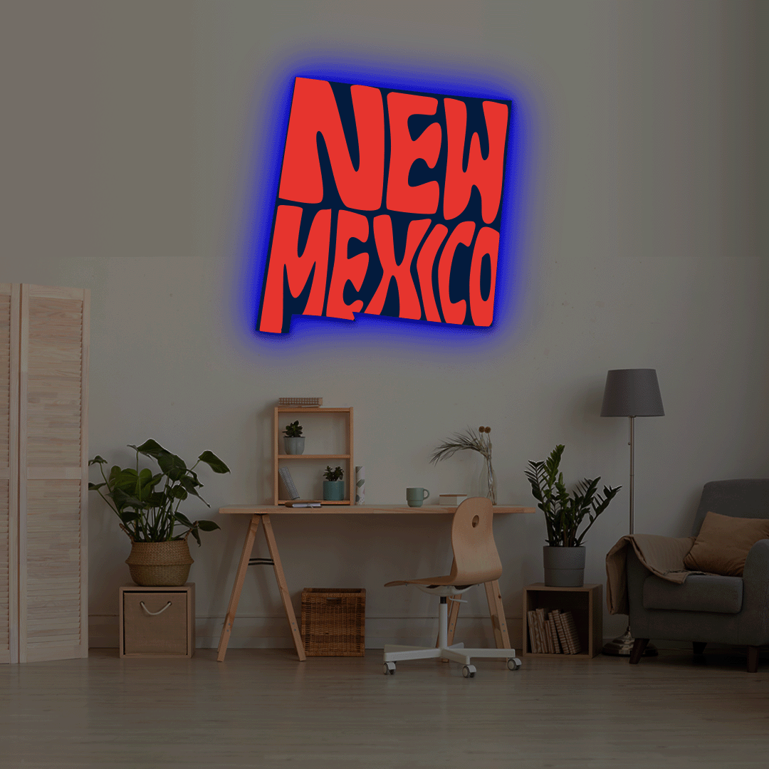 New Mexico map backlit metal wall art vinyl print with RGB color changing LED backlight
