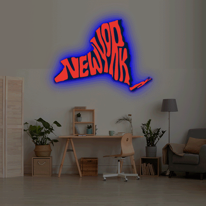New York map backlit metal wall art vinyl print with RGB color changing LED backlight
