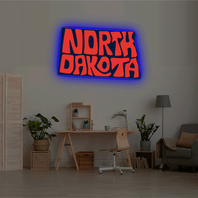 North Dakota map backlit metal wall art vinyl print with RGB color changing LED backlight