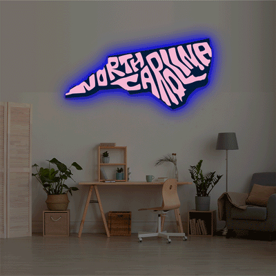 North Carolina map backlit metal wall art vinyl print with RGB color changing LED backlight