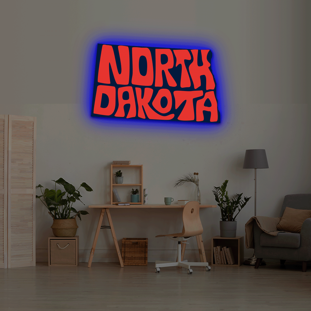 North Dakota map backlit metal wall art vinyl print with RGB color changing LED backlight