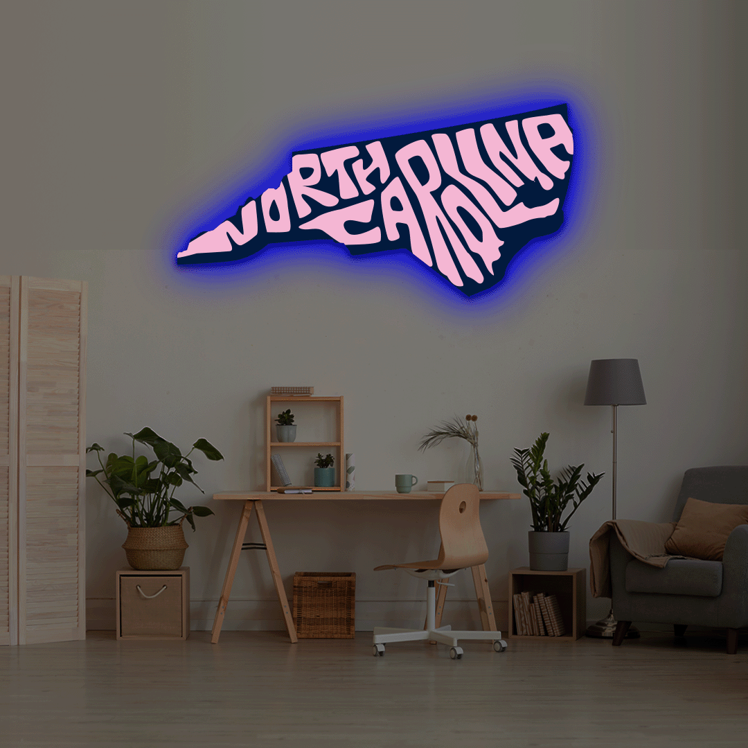 North Carolina map backlit metal wall art vinyl print with RGB color changing LED backlight