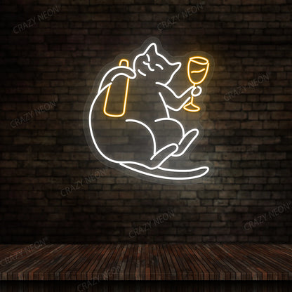 Cat Drinking Wine Multicolor Neon Sign | Orange