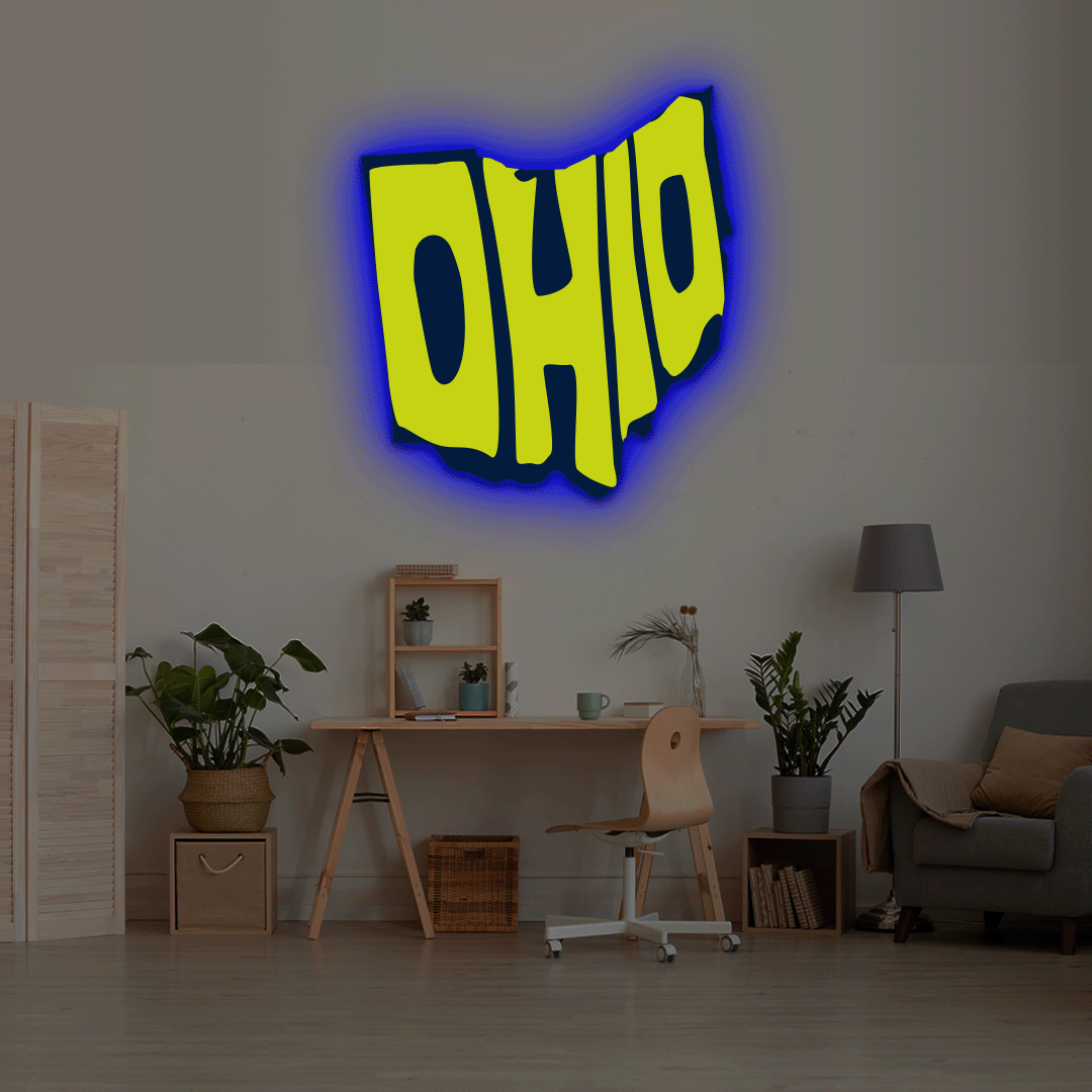Ohio map backlit metal wall art vinyl print with RGB color changing LED backlight