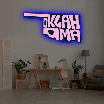 Oklahoma map backlit metal wall art vinyl print with RGB color changing LED backlight