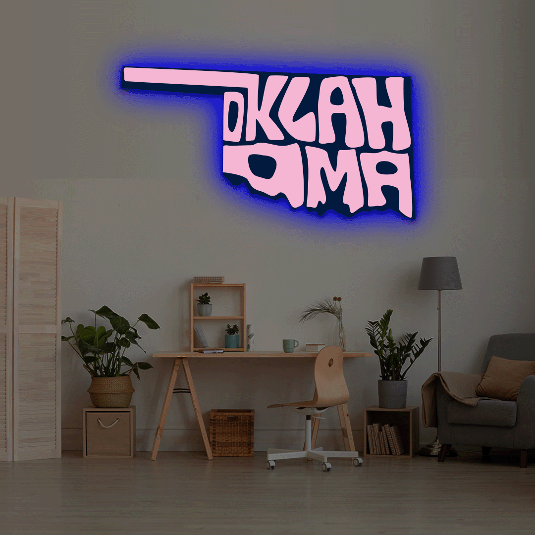 Oklahoma map backlit metal wall art vinyl print with RGB color changing LED backlight