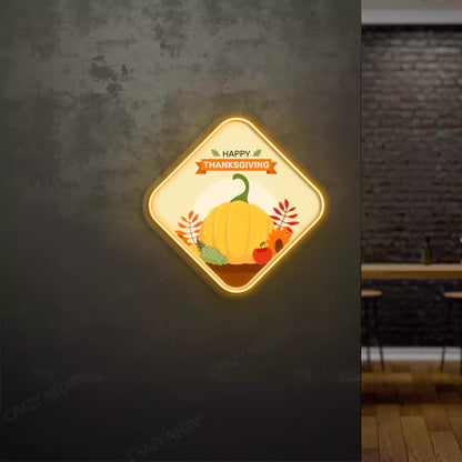 Happy thanksgiving pumpkin and fruits neon sign in orange