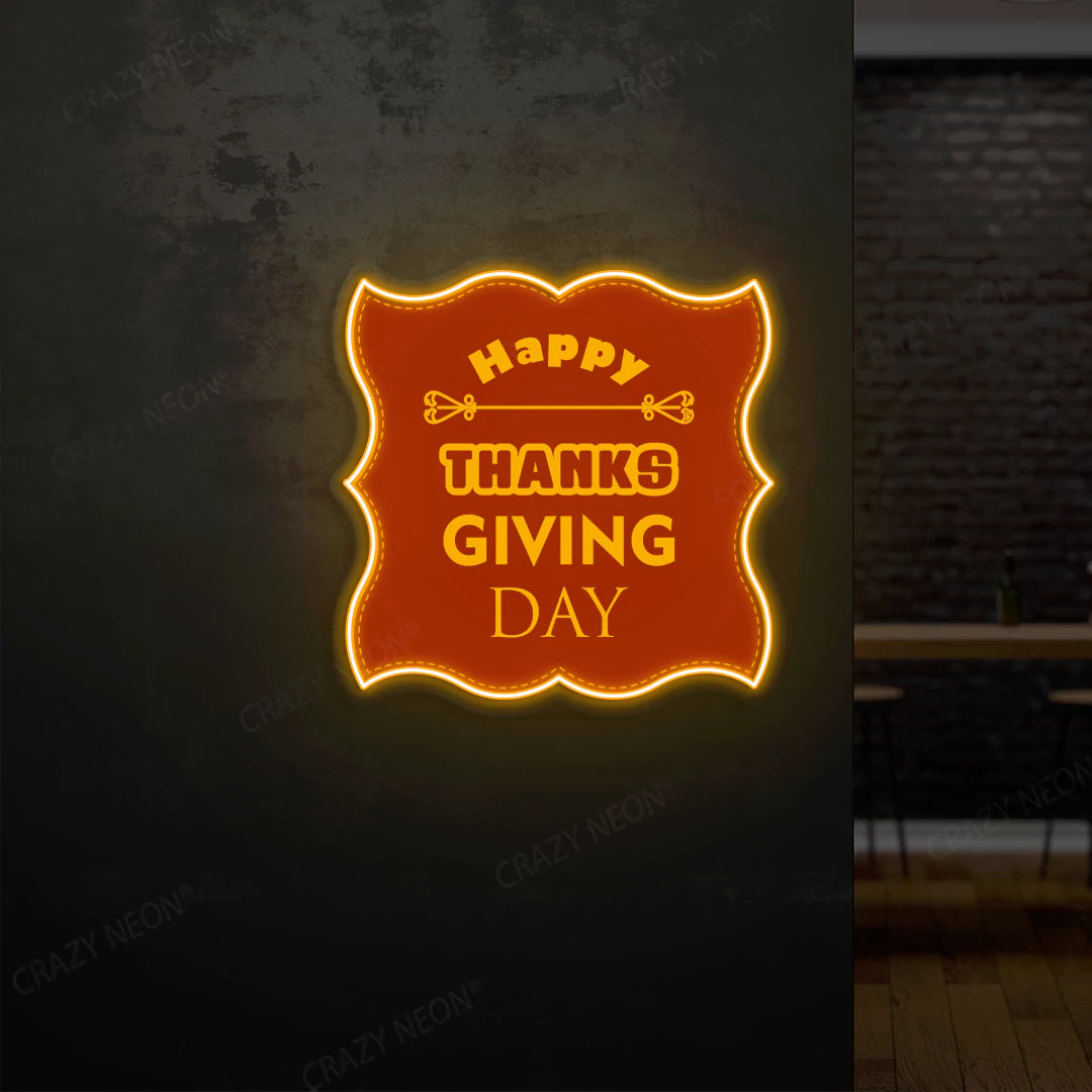 Grateful greetings happy thanksgiving day neon sign in orange