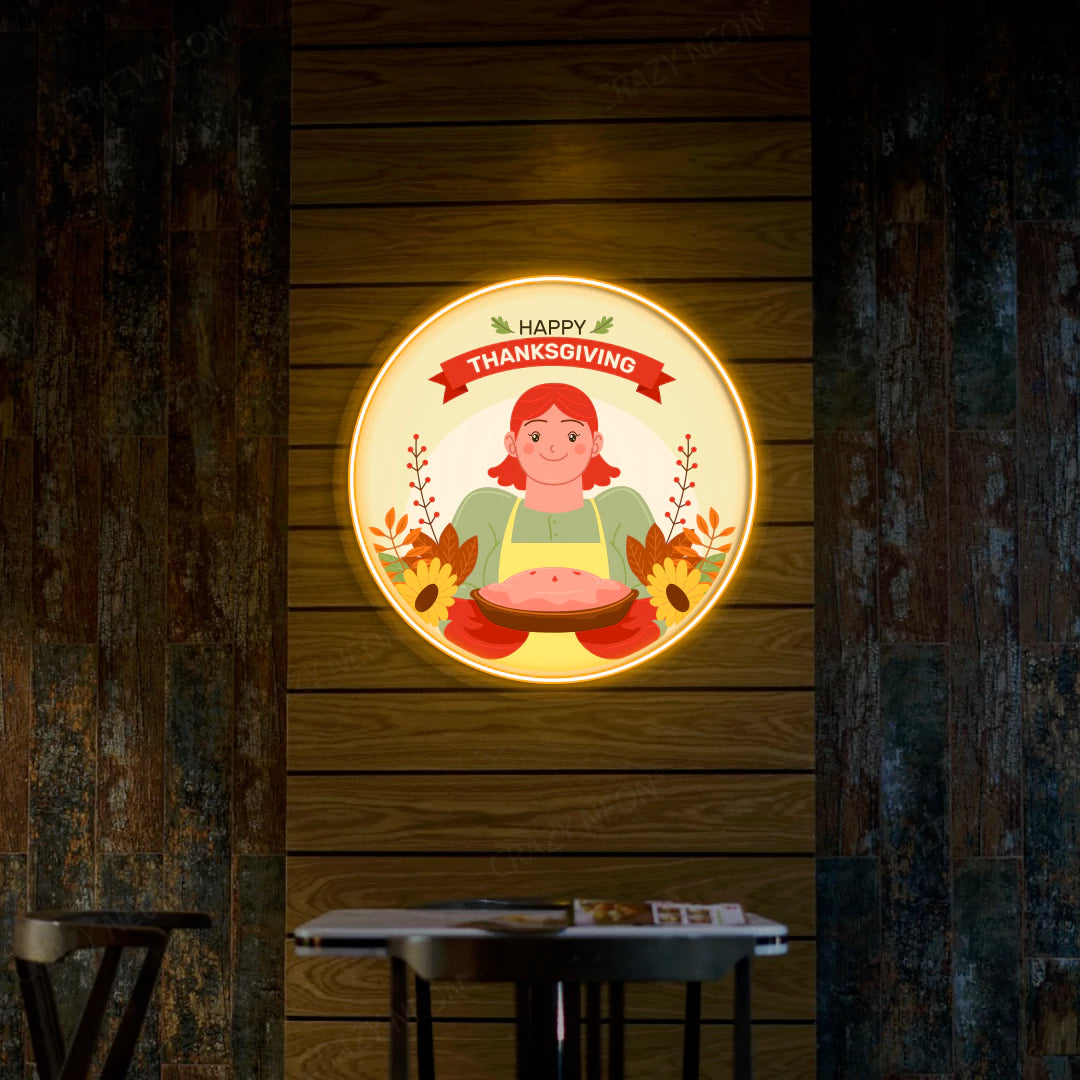Thanksgiving pie with red-haired chef neon sign in orange