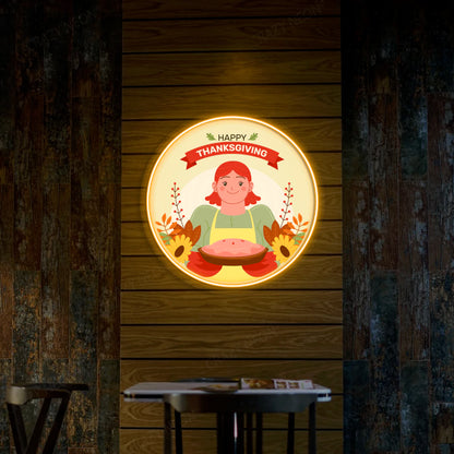 Thanksgiving pie with red-haired chef neon sign in orange