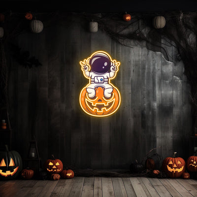 Astronaut On Pumpkin Neon Artwork | Orange