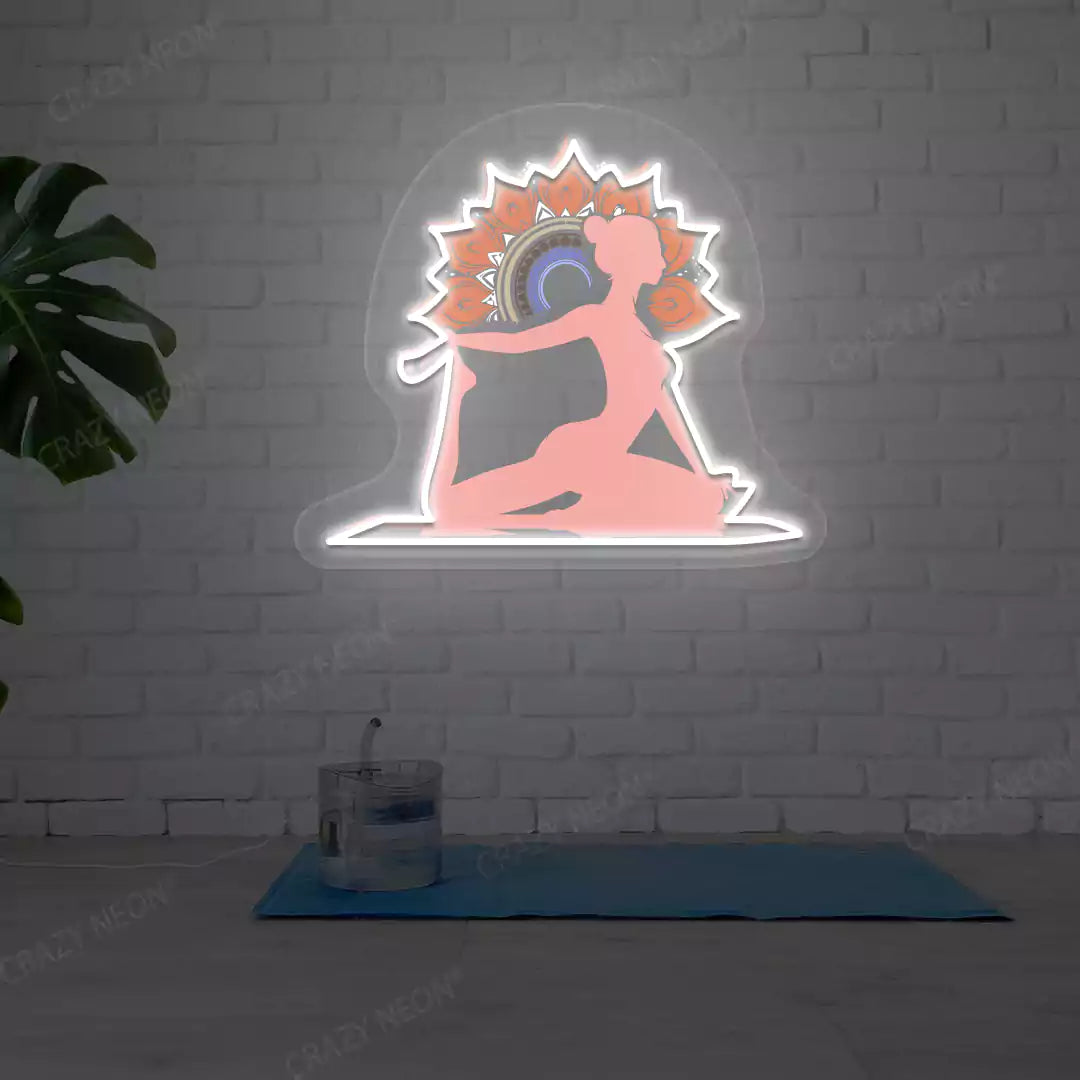 One-Legged King Pigeon Pose Mandala Yoga Neon Artwork lighting up in white color in a yoga room
